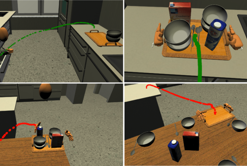 Four pictures present a virtual scenario in a kitchen. This scenario shows how to put kitchen items on a tablet and then on a table.